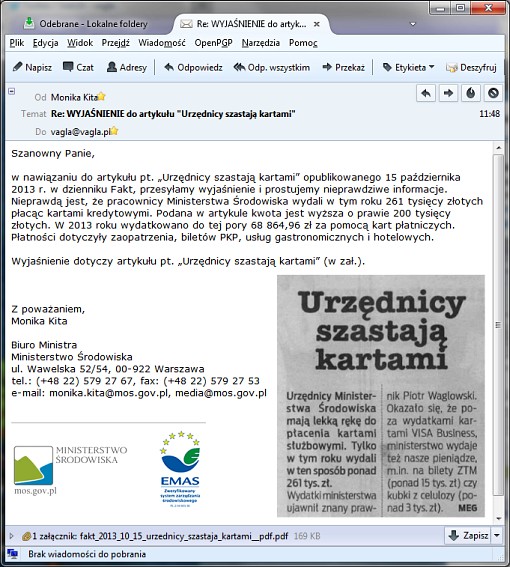 zrzut ekranu z mailem z Ministerstwa Środowiska