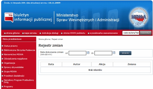 Screenshot Rejestru zmian w BIP MSWiA