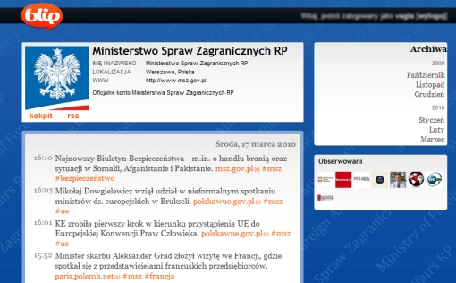 Screenshot strony przedstawiającej profil konta MSZ w serwisie Blip.pl