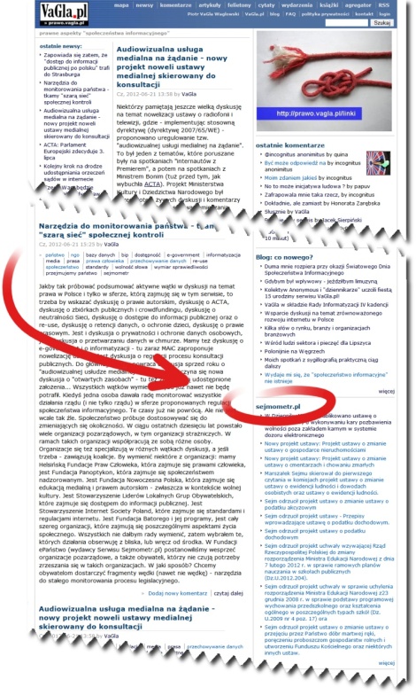Screenshot strony głównej serwisu prawo.vagla.pl z modułem wykorzystującym RSS-y Aktualności Sejmometru