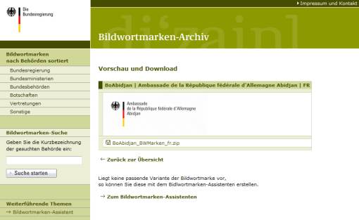 Zrzut ekranu strony archiwum wygenerowanych logotypów dla instytucji niemieckich