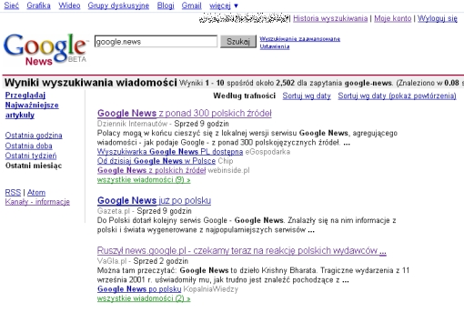 Zrzut ekranu serwisu news.google.pl z doniesieniami na temat uruchomienia news.google.pl
