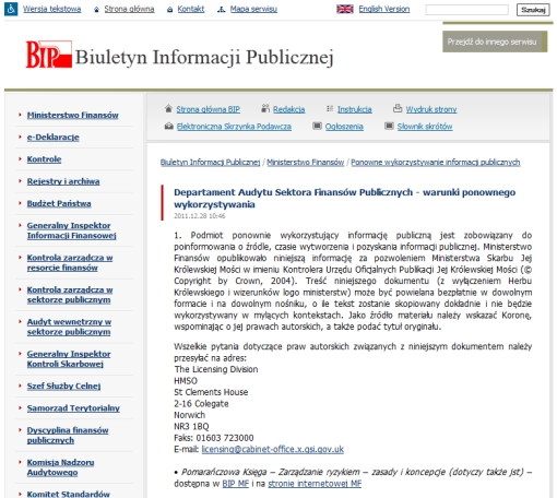 Zrzut ekranu BIP Ministerstwa Finansów z warunkami ponownego wykorzystania informacji z sektora publicznego