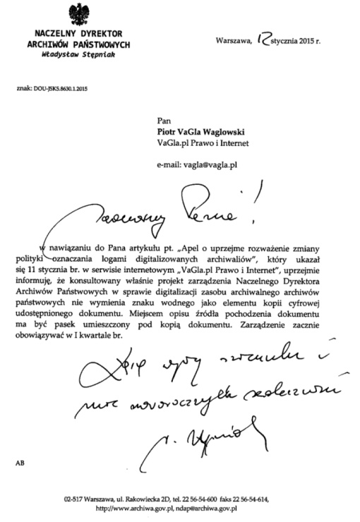 List od Naczelnego Dyrektora Archiwów Państwowych w sprawie logo zakrywającego skany archiwaliów