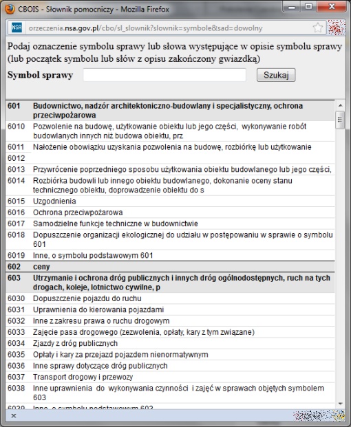 Screenshot okna prezentującego Słownik pomocniczy Centralnej Bazy Orzeczeń Sądów Administracyjnych