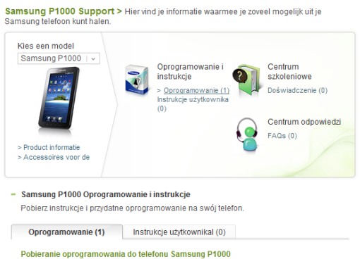 Wynik wyszukiwania na polskiej stronie Samsung Mobile, gdy szukać Samsung Galaxy Tab