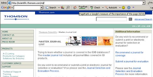 Strona master journal list wedle Google zasługuje page rank o wartości 8 na 10 możliwych punktów