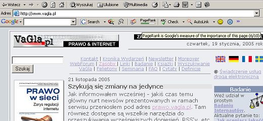 Stronę główną VaGla.pl Prawo i Internet algorytm informatyczny ocenił na 6 punktów w dziesięciostopniowej skali page rank Google