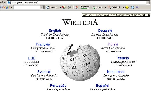 Strona główna Wikipedii - Wolnej encyklopedii uzyskała współczynnik 