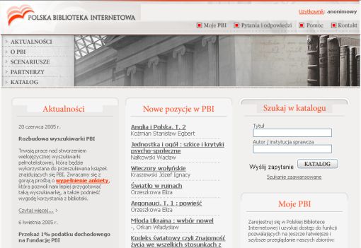 Screenshot serwisu Polskiej Biblioteki Internetowej wykonany z archiwów archive.org