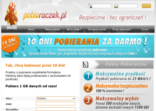 Screenshot strony głównej serwisu Pobieraczek.pl