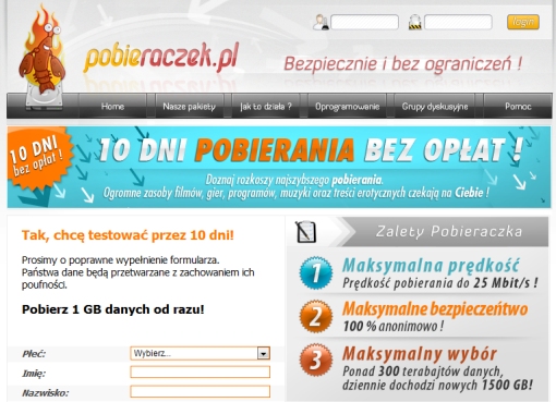 Screenshot strony głównej serwisu Pobieraczek.pl