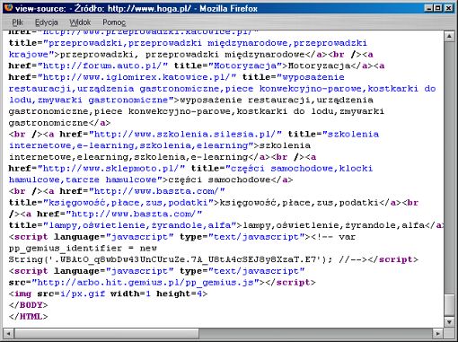 fragment kodu portalu hoga.pl, obrazującego technikę pozycjonowania