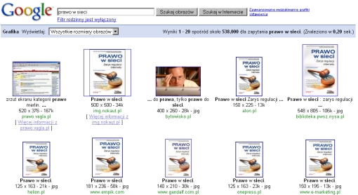 screenshot wyników wyszukiwania Google - okładki książki Prawo w Sieci