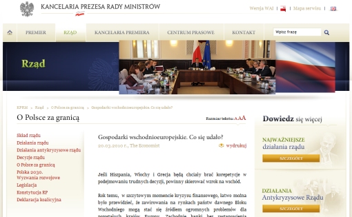 Screenshot strony serwisu premier.gov.pl z opracowaniem artykułu z The Economist