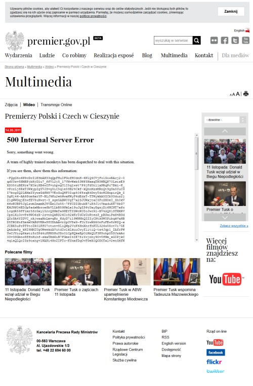 Screenshot serwisu Premiera RP z zagnieżdżonym kodem YouTube