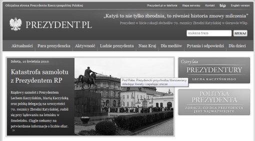 Screenshot strony prezydent.pl z 10 kwietnia 2010 r., z godziny 13:00