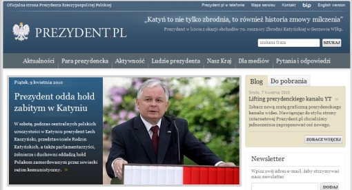 Screenshot strony prezydent.pl z 10 kwietnia 2010 r., z godziny 10:00