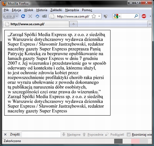 Screenshot przeprosin p. Koteckiej w wykonaniu wydawcy Super Express