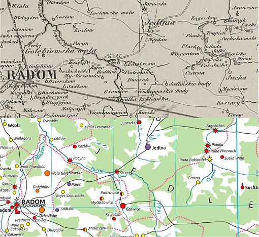 Dwie mapy - na górze Karta dawnej Polski z 1895 roku, poniżej Atlas Fontium Antiquae Poloniae, który pakazuje projekcje terenów Królestwa Polskiego w II połowie XVI wieku. Obie mapy przedstawiają mniej więcej ten sam teren. 