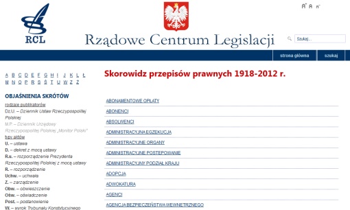 Screenshot serwisu RCL przedstawiający fragment Skorowidza przepisów prawnych 1918-2012 r.