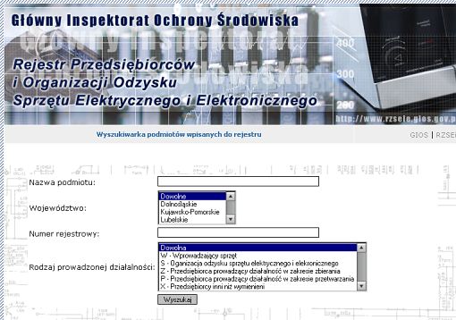 Screenshot internetowych stron rejestru przedsiębiorców i organizacji odzysku sprzętu elektrycznego i elektronicznego