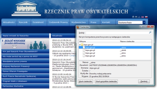 Screenshot serwisu Rzecznika Praw Obywatelskich, który wykorzystuje pliki cookies
