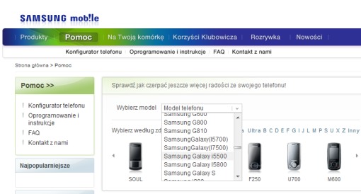 Fragment screenshotu strony Samsung Mobile