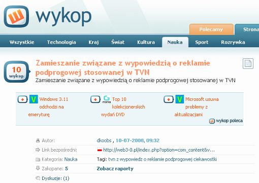 Screen serwisu Wykop.pl, w którym użytkownik dkoobs postanowił promować swoje zaplecze z wykorzystaniem artykułu pochodzącego z tego serwisu