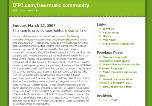 15 kwietnia 2007 - pod domeną ifpi.com znajduje się serwis zatytulowany IFPI.com, free music community, IFPI.com, my music blog.