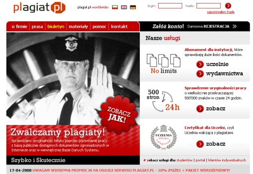 Screenshot serwisu Plagiat.pl, na którym widać również anons: Sprawdzamy oryginalność tekstu przez porównanie pracy z bazą publicznie dostępnych dokumentów zgromadzonych w Internecie oraz wewnętrznej Bazy Danych Systemu