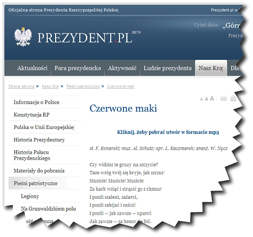 Screenshot Oficjalnej strony Prezydenta RP z możliwościa pobrania pliku MP3, zawierającego utwór, artystyczne wykonanie i fonogram Czerwonych Maków