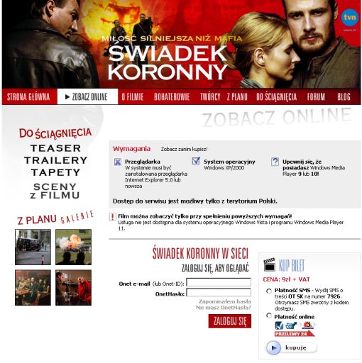 Screenshot serwisu oferującego obejrzenie filmu Swiadek koronny