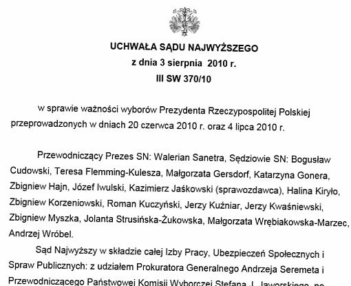 Zrzut ekranu z fragmentem uchwały Sądu Najwyższego w sprawie ważności wyborów Prezydenta Rzeczypospolitej Polskiej przeprowadzonych w dniach 20 czerwca 2010 r. oraz 4 lipca 2010 r.