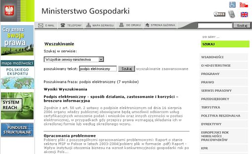 Screenshot strony Ministerstwa Gospodarki z wynikami wyszukiwania hasła podpis elektroniczny