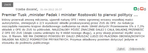 Zrzut ekranu pokazujący komentarz pod tekstem w serwisie Fakt.pl