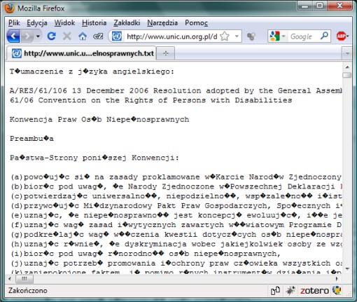 Screenshot okna prezentującego tłumaczenie Konwencji Praw Osób Niepełnosprawnych z kodowaniem polskich znaków diakrytycznych, które nie są poprawnie prezentowane w mojej przeglądarce.