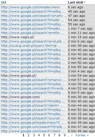 screenshot logów serwis prawo.vagla.pl sprzed kilku sekund -  królują odwiedziny przychodzące z Google