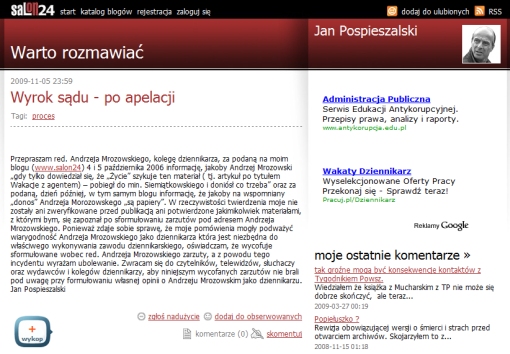 Screenshot zarchiwizowanej przez Google strony serwisu Salon24.pl, na której widać wpis Jana Pospieszalskiego z przeprosinami