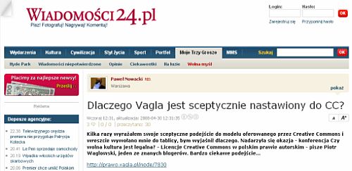 screenshot serwisu Wiadomosci24.pl wraz z notatką opublikowaną na jednej z licencji CC
