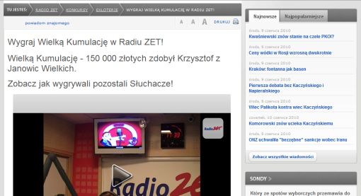 Screenshot strony internetowej radia Zet