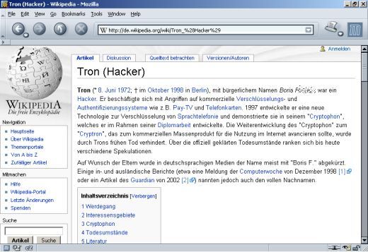 Screenshot strony de.wikipedia.org z notatką na temat Trona