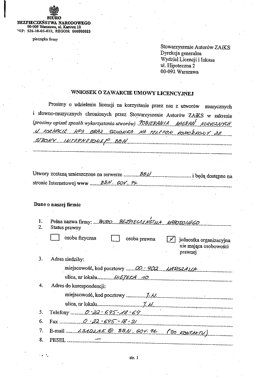 Pierwsza strona Wniosku o zawarcie umowy licencyjnej, który BBN skierował do ZAiKS 7 października