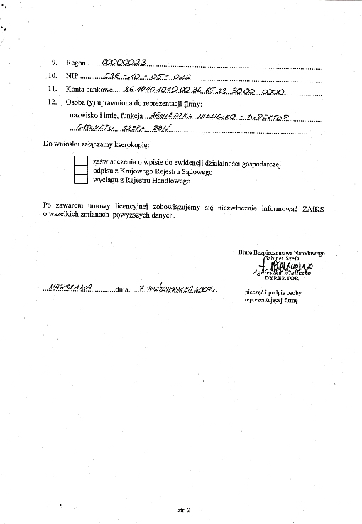 Druga strona Wniosku o zawarcie umowy licencyjnej, który BBN skierował do ZAiKS 7 października