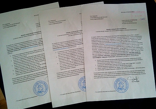 Zdjęcie trzech wniosków o dostęp do informacji publicznej, skierowanych w dniu dzisiejszym do Prezesa Trybunału Konstytucyjnego.