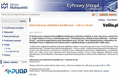 Informatyzacja administracji publicznej – Cyfrowy Urząd - tekst na stronach portalu Wrota Małopolski zaczerpnięty z tego serwisu