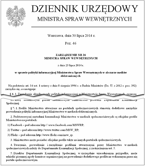 Fragment zarządzenia MSW w sprawie polityki informacyjnej Ministerstwa Spraw Wewnętrznych w obszarze mediów elektronicznych
