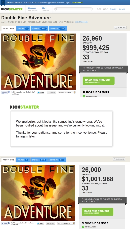 Trzy screenshoty: 1. 999,425 dolarów, 2. komunikat serwisu Kickstarter, że coś poszło nie tak, 3. milion tysiąc dziewięćset osiemdziesiąt osiem dolarów