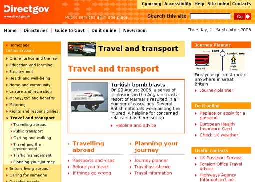 Screenshot części Travel and transport w serwisie Directgov 
