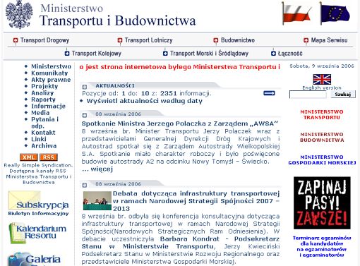 Screenshot witryny byłego Ministerstwa Transportu i Budownictwa